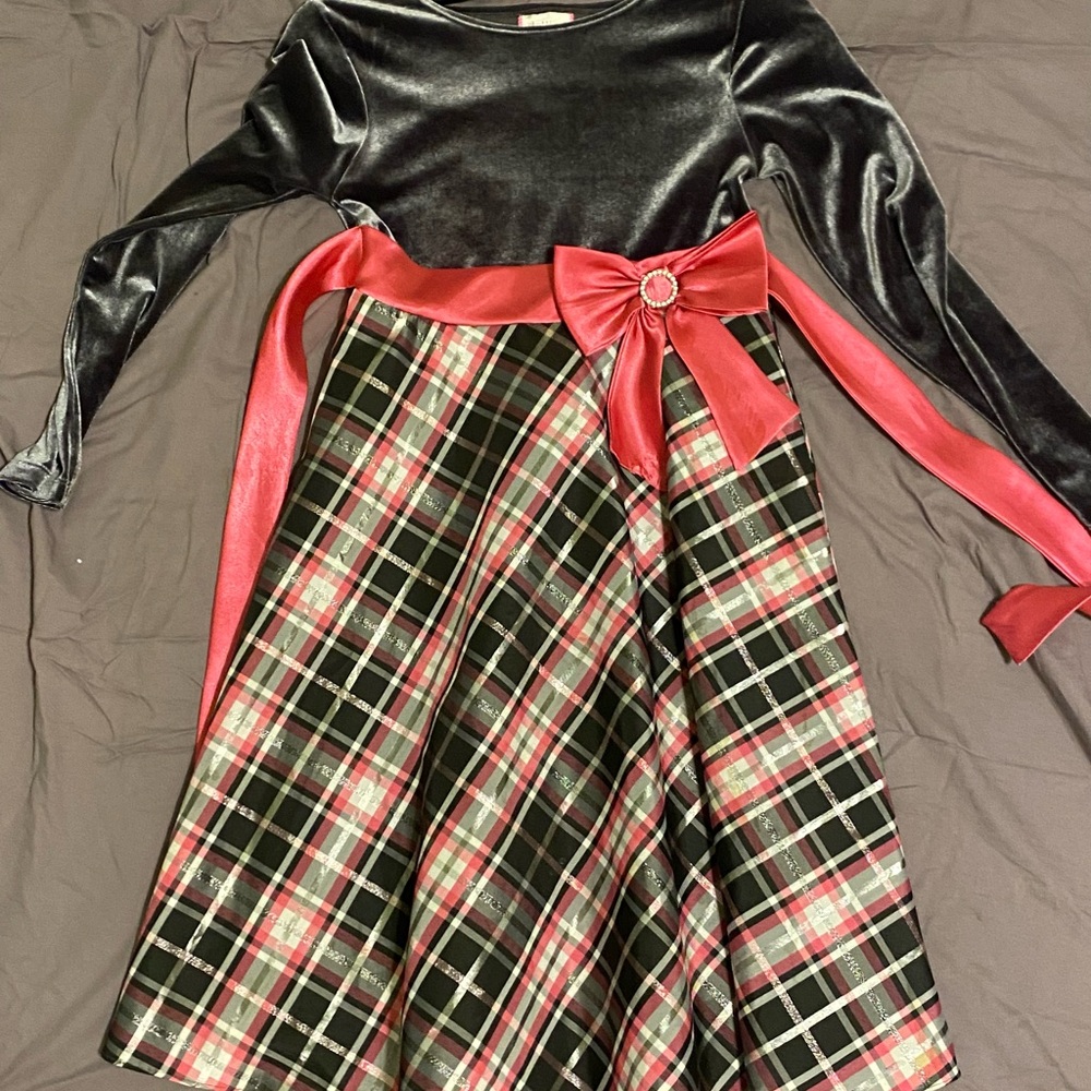 Dollie & Me Black Top with Plaid Skirt and Red Accent